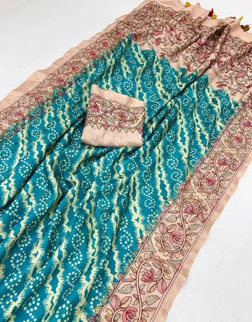 Stunning Digital Bandhej Silk Saree - Kalamkari Border for Festive Wear
