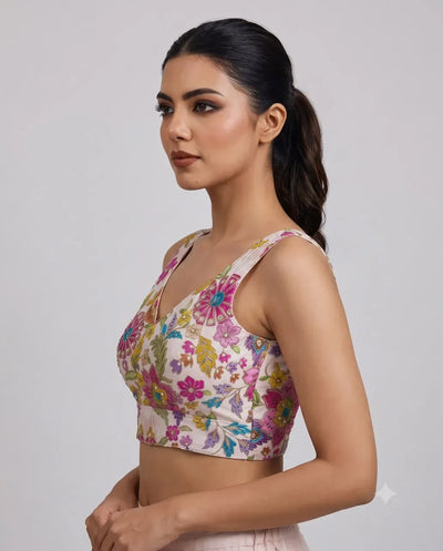Stunning Embroidered Sleeveless Saree Blouse - Adjustable Free Size Festive Wear
