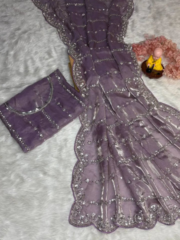 Stunning Fandy Satin Saree - Shimmering Scalloped Border for Parties