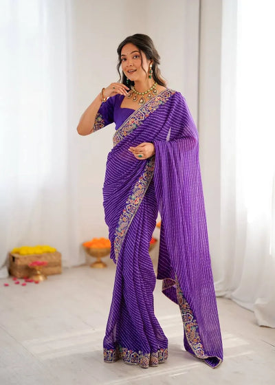 Stunning Faux Georgette Saree - Sequin Embroidery & Bandhani Print