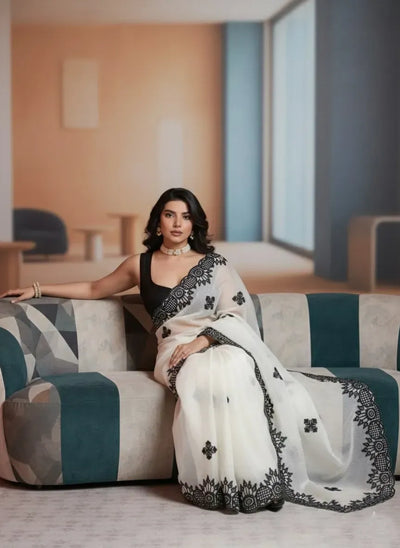 Stunning Fendy Chiffon Saree - Embroidered Cutwork Border for Weddings