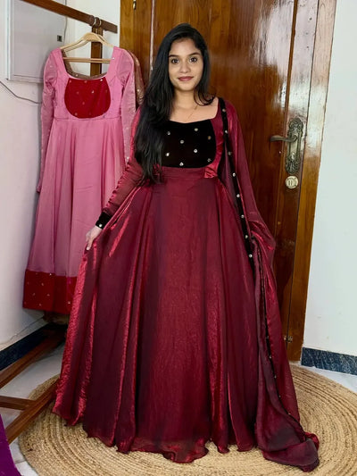 Stunning Fendy Silk Gown - Heavy Flair & Velvet Work for Women