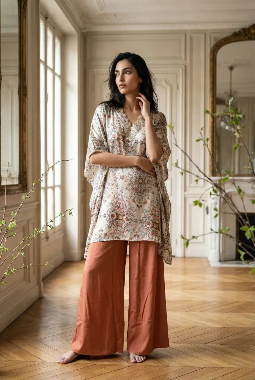 Rust Floral Digital Print Sharara Set in Premium Modal Satin