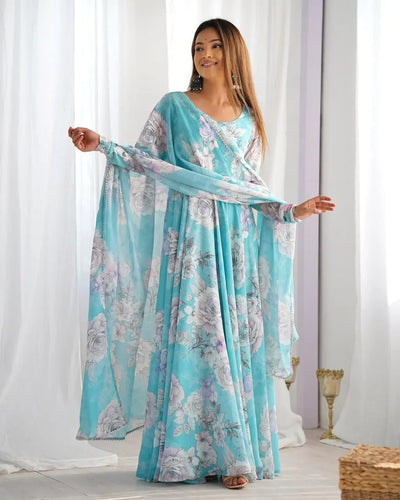 Stunning Floral Georgette Anarkali Gown with Dupatta - Heavy Flare Festive Wear