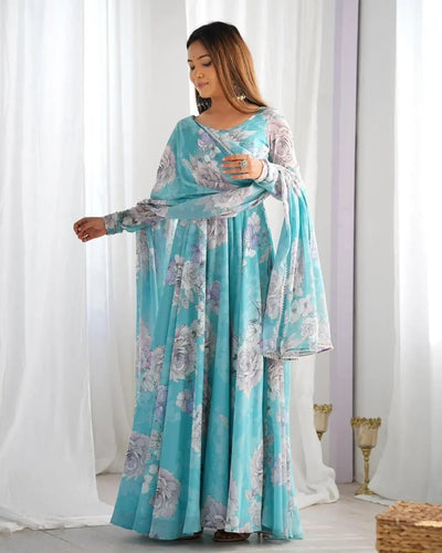 Stunning Floral Georgette Anarkali Gown with Dupatta - Heavy Flare Festive Wear