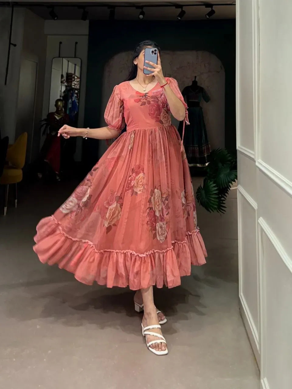 Floral Georgette Frock with 8-Meter Flair for Women