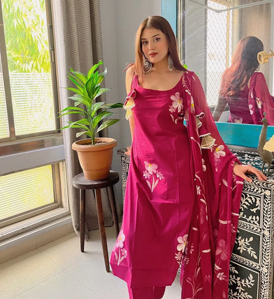 Stunning Floral Handpainted Georgette Kurta Set - Elegant Festive Wear with Butter Silk Bottom for Women
