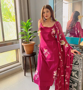 Exclusive Handpainted Floral Georgette Kurta Set with Butter Silk Bottom