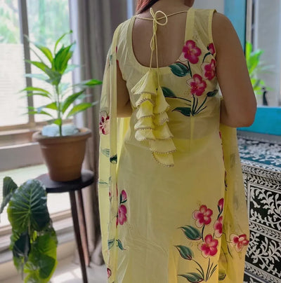 Stunning Floral Handpainted Georgette Kurta Set - Elegant Festive Wear with Butter Silk Bottom for Women