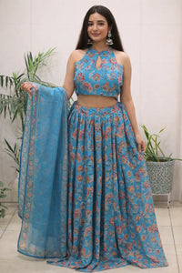 Stunning Floral Organza Lehenga Set - Elegant Halter Neck Festive Wear