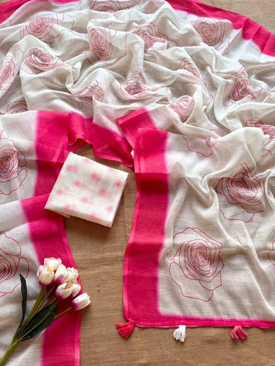 Stunning Floral Print Soft Linen Saree with Running Blouse for Festive Wear