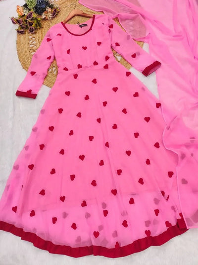 Stunning Georgette Anarkali Gown with Heart Embroidery - Elegant Festive Party Wear for Women