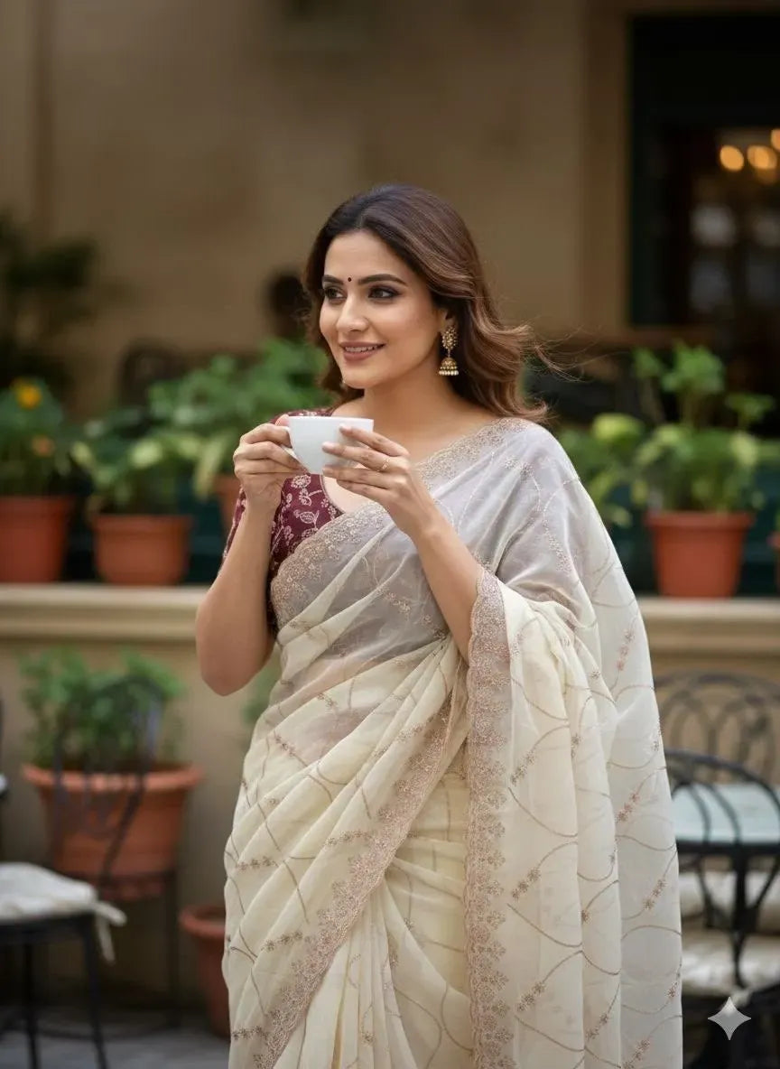 A woman in an elegant cream-colored georgette saree with floral embroidery holding a white coffee cup