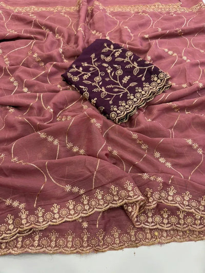 Stunning Georgette Embroidery Saree with Contrast Blouse for Festive Wear