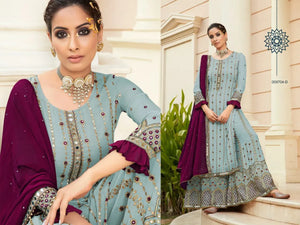 Exclusive Heavy Georgette Embroidered Palazzo Suit with Real Mirror Work for Festive Weddings