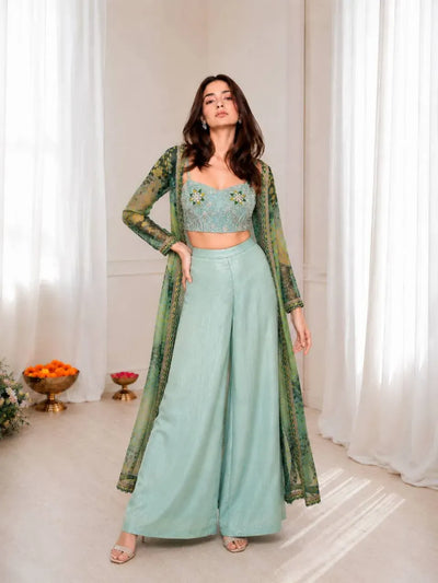 Stunning Georgette Palazzo Suit with Floral Shrug for Festive Prep