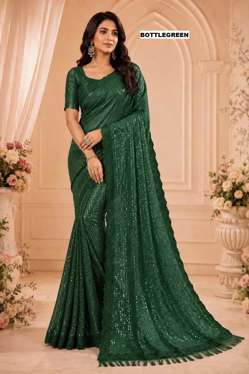 Model wearing a bottle green georgette sequence embroidered saree