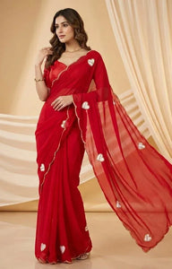Stunning Georgette Saree with Heart Patch Work and Scallop Border