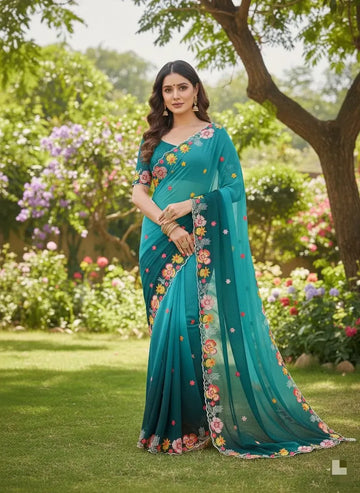 Stunning Georgette Sequin Saree - Multicolour Thread Work for Festive & Party Wear