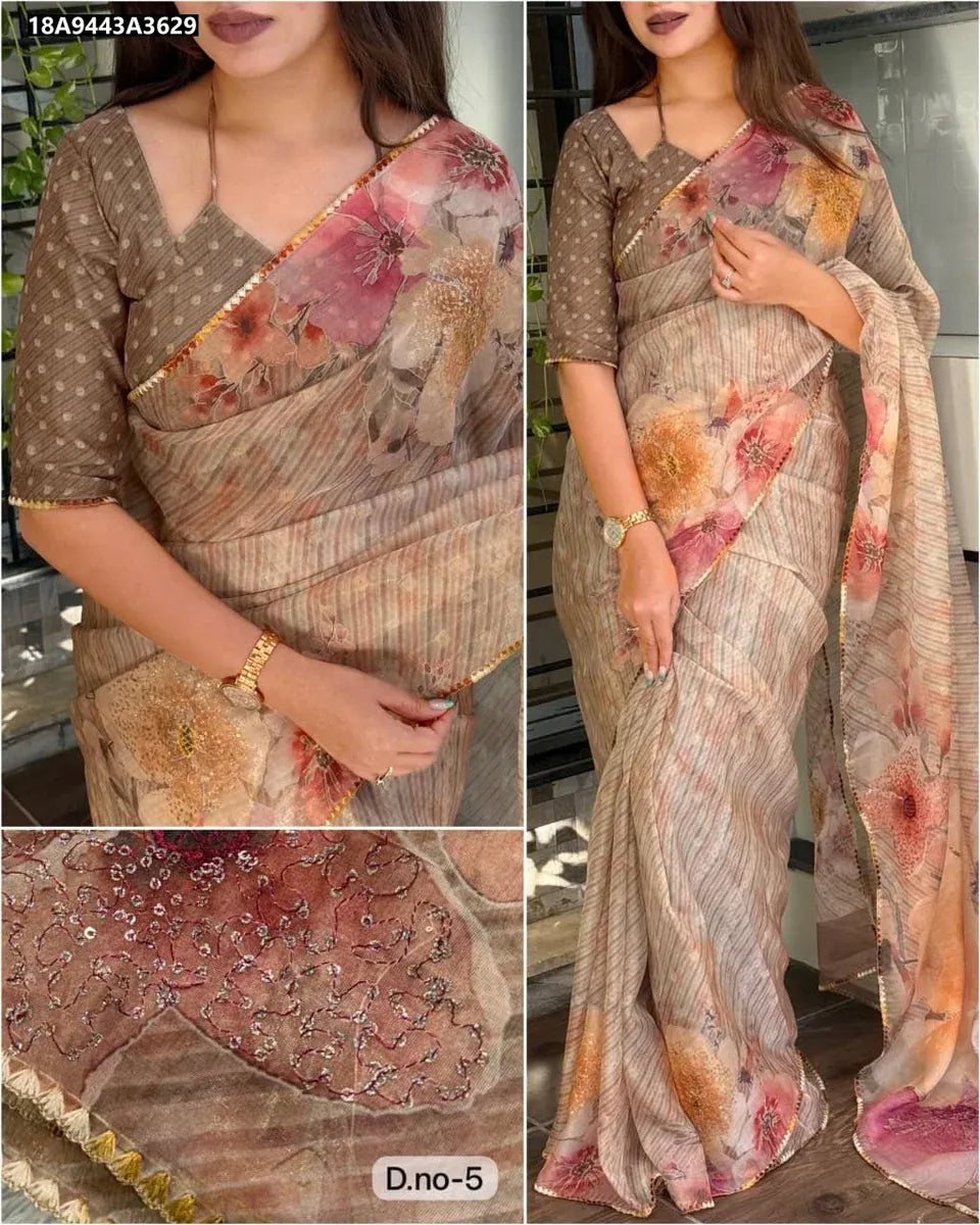 Premium Glass Organza Saree with Digital Print and Sequin Work