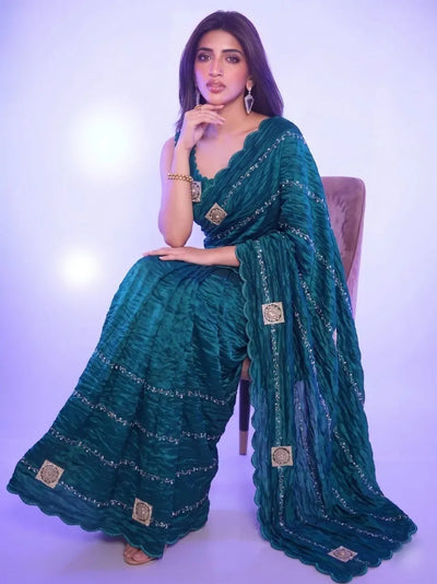 Stunning Gold Crush Saree with Beads Sequence Work for Festive Weddings