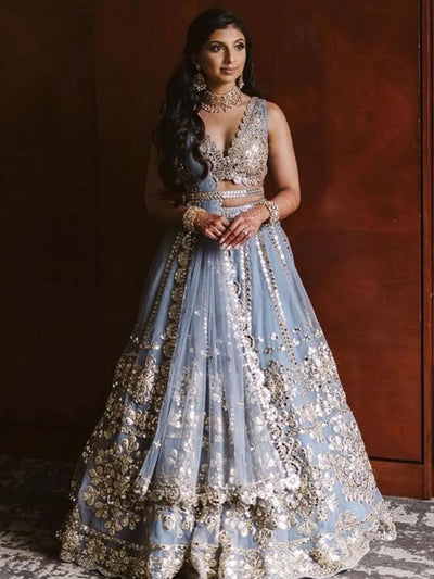 Stunning Grey Net Lehenga - Jari Mirror Work for Wedding Wear