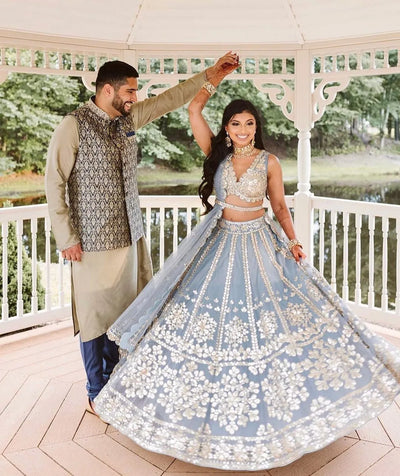 Stunning Grey Net Lehenga - Jari Mirror Work for Wedding Wear