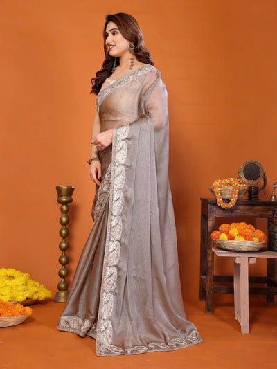 Stunning Grey Shiffon Sitara Saree - Intricate Embroidery Work for Women