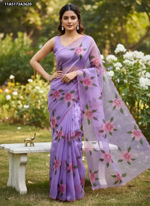 Handcrafted Floral Organza Saree with Exquisite Hand Block Print and Aarco Border