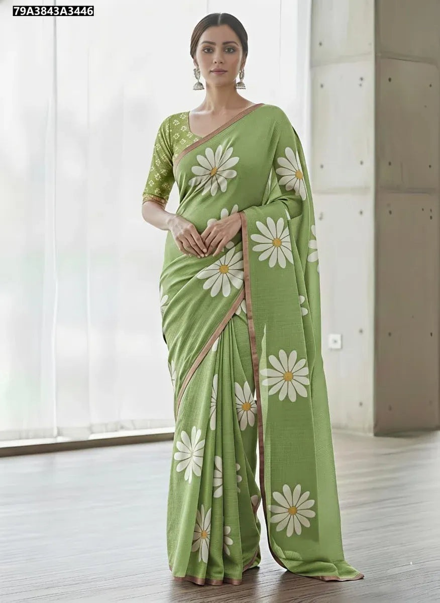 Premium Heavy Linen Floral Saree with Gold Border