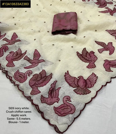 Stunning Ivory Chiffon Saree - Handcrafted Applic Work for Festive Wear