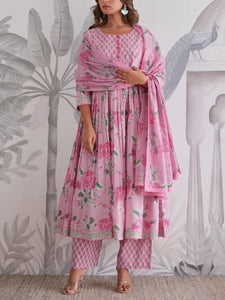 Stunning Jaipuri Cotton Anarkali Set - Handwork Festive Wear with Dupatta for Women