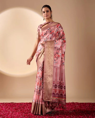 Stunning Lichi Silk Saree - Elegant Floral Prints & Zari Border Festive Wear for Women