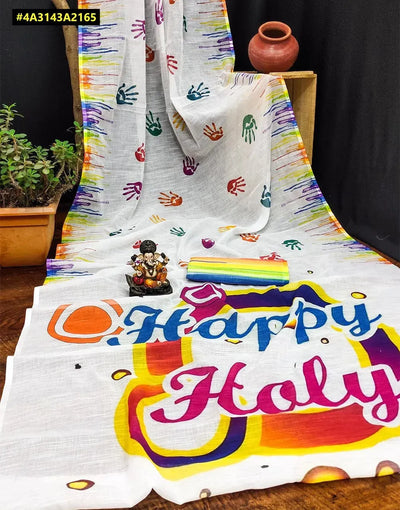 Stunning Linen Cotton Saree - Soft & Vibrant Holi Festival Wear for Women