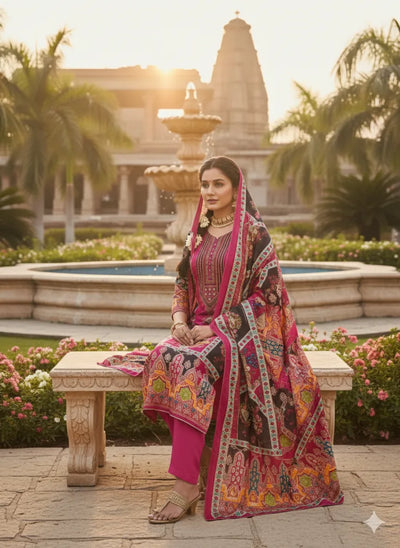 Stunning Magenta Embroidered Suit Set - Chinnon Dupatta