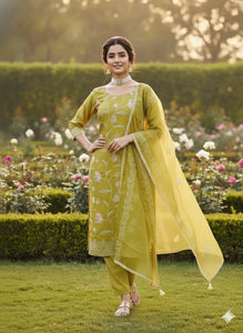 Stunning Mahendi Embroidered Suit - Organza Cotton Festive Wear for Women
