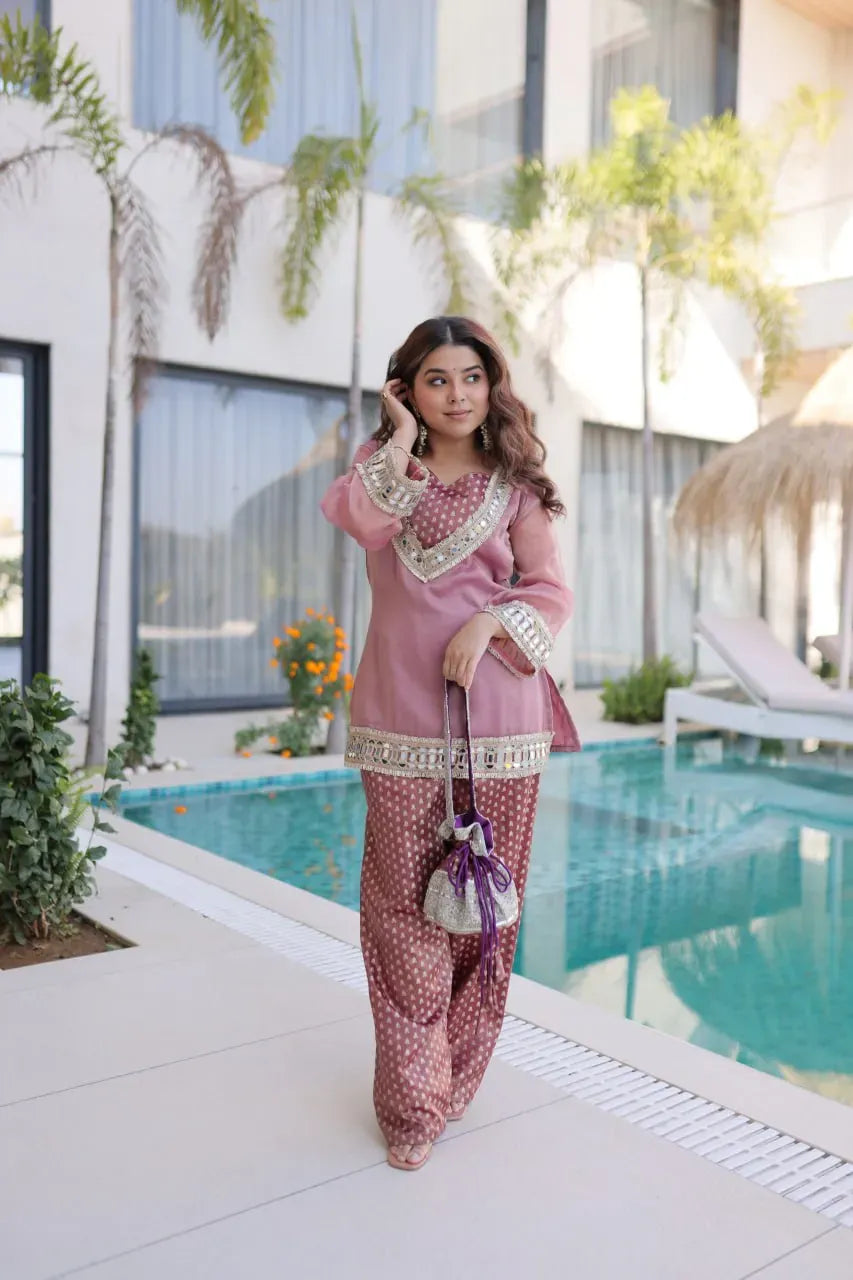 Premium Salasa Silk Mirror Work Top-Pant Set for Festive Wear