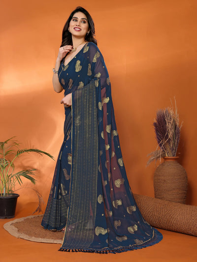 Stunning Morpich Georgette Saree - Foil Work & Lace for Festive Wear