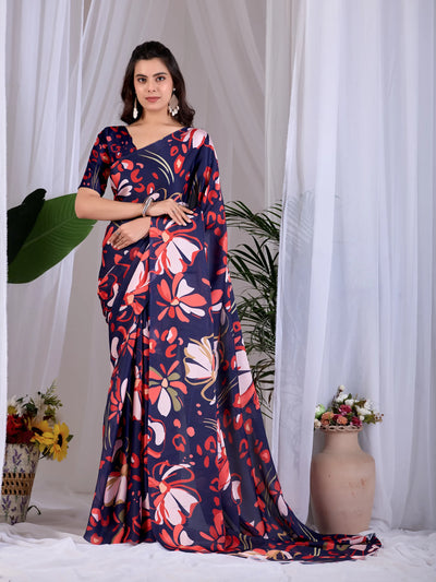 Stunning Navy Blue Digital Print Georgette Saree - Party Wear