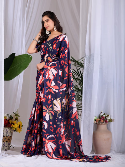 Stunning Navy Blue Digital Print Georgette Saree - Party Wear