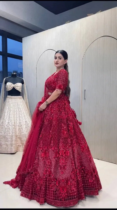 Stunning Net Lehenga with Heavy Pearl Work - Festive Wedding Wear for Women
