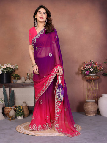 Stunning Ombre Georgette Saree - Embroidered Festive Wear for Women