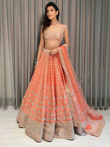 Stunning Orange Devsena Silk Lehenga - Handcrafted Embroidery for Wedding Wear