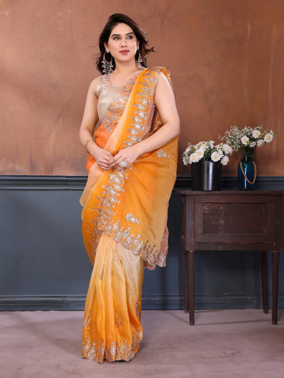 Stunning Orange Gold Crush Saree - Heavy Embroidery Work for Festive Wear