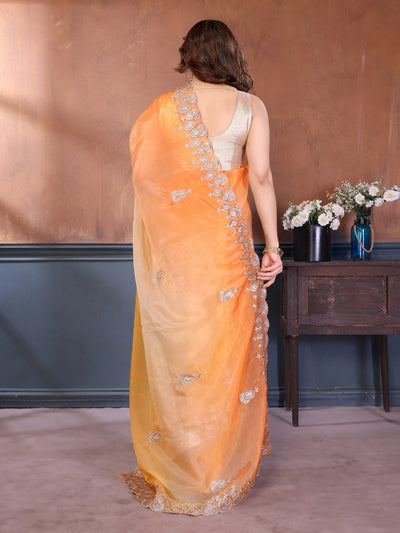 Stunning Orange Gold Crush Saree - Heavy Embroidery Work for Festive Wear