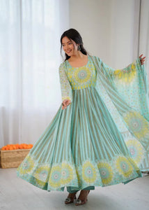Stunning Organza Floral Gown Set - Lightweight Kali Cut for Festive Wear