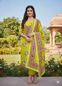 Stunning Parrot Green Chinon Embroidery Suit - Festive Wear Unstitched Material