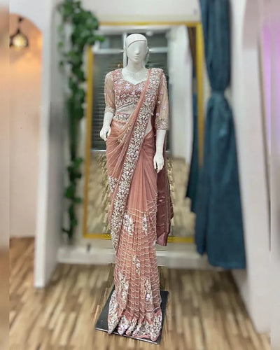 Stunning Peach Soft Net Saree - Exquisite Thread & Sequence Work for Festive Elegance
