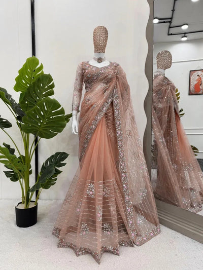 Stunning Peach Soft Net Saree - Exquisite Thread & Sequence Work for Festive Elegance
