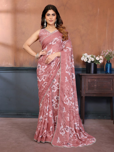 Stunning Pink Printed Georgette Saree - Lightweight & Elegant for Women